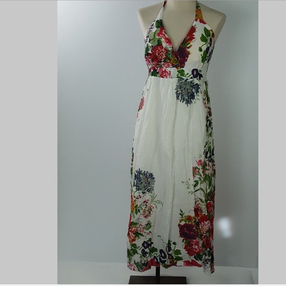 Maxi Long Dress  Deep Plunge Colorful Flower - Picture 1 of 8